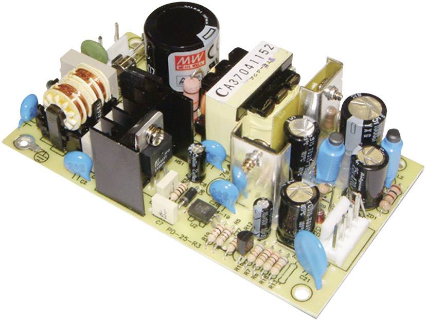 Sur l'image, on peut voir une carte de circuit imprimé (PCB) équipée de divers composants électroniques tels que des condensateurs, des résistances et des bobines. Elle illustre un schéma typique d'une alimentation électrique.