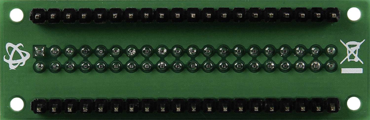 Circuit imprimé vert avec deux rangées de broches noires, un symbole dessiné à gauche et un symbole de recyclage à droite.