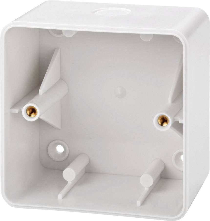 Une boîte de dérivation murale vide, carrée, blanche en plastique, avec deux trous de vis et des supports latéraux pour installations électriques.