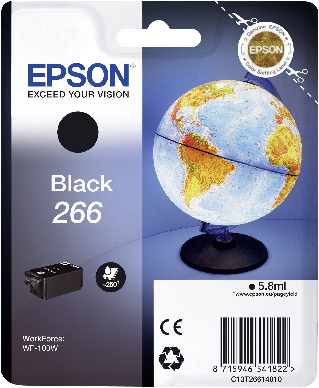 Cartouche d'encre 'EPSON' avec emballage présentant l'image d'un globe. Texte : 'Black 266', Capacité '5,8 ml', compatible avec 'WorkForce WF-100W'.