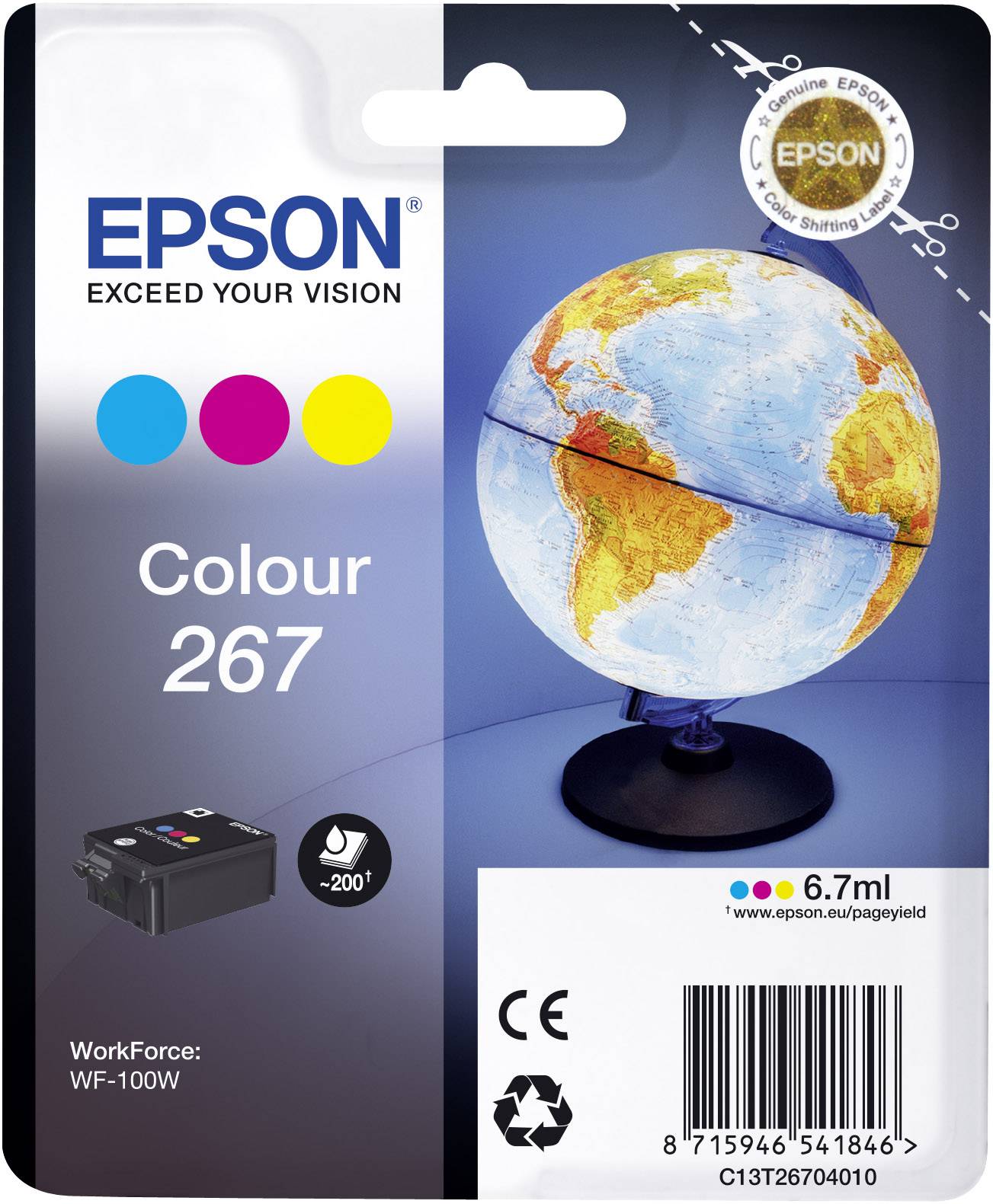 Epson Encre T2670, 267 d'origine cyan, magenta, jaune C13T26704010