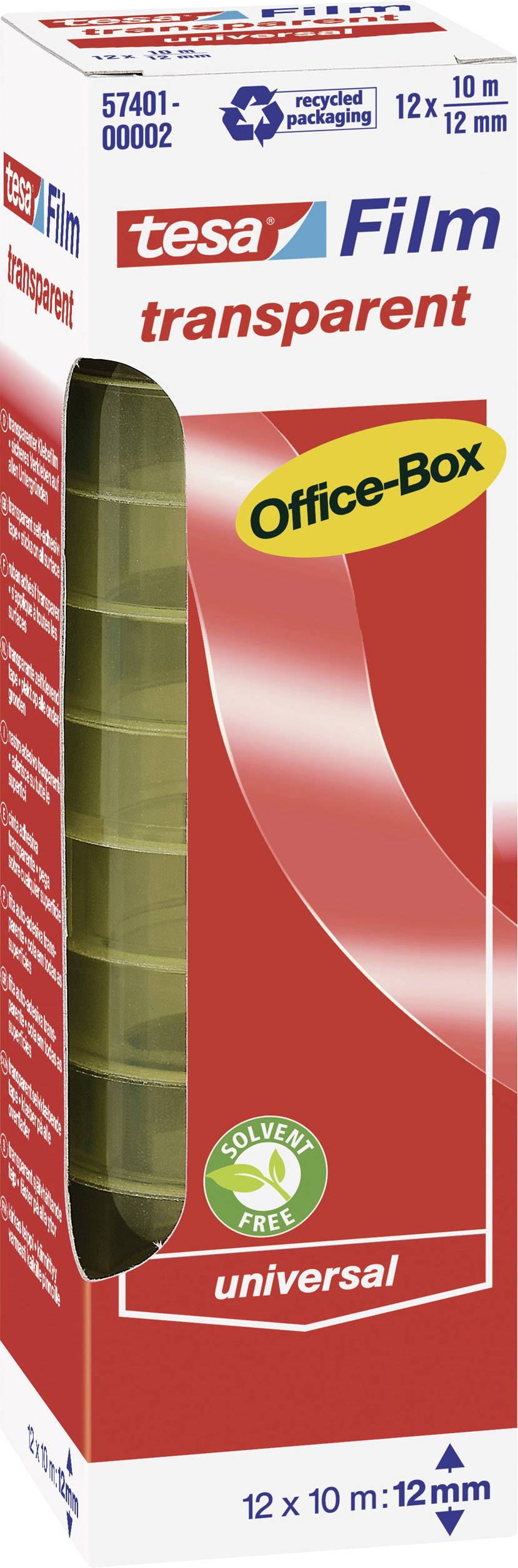 Rouleau de ruban adhésif transparent dans un boîtier de bureau rouge, recyclable et sans solvant, 12mm x 10m, adapté à un usage universel.