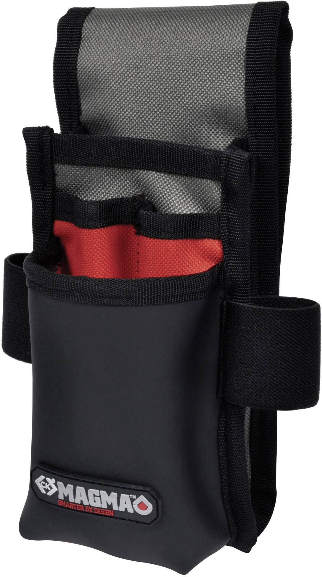 Sac à outils noir avec doublure intérieure rouge et plusieurs compartiments, adapté pour transporter et organiser des outils.