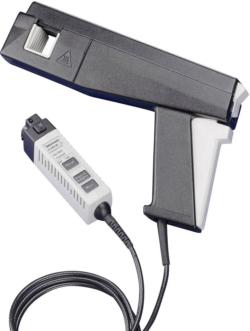 Un scanner de codes à barres portable avec câble, adapté aux applications industrielles. Présente un boîtier robuste et une base de poignée équipée de commandes.