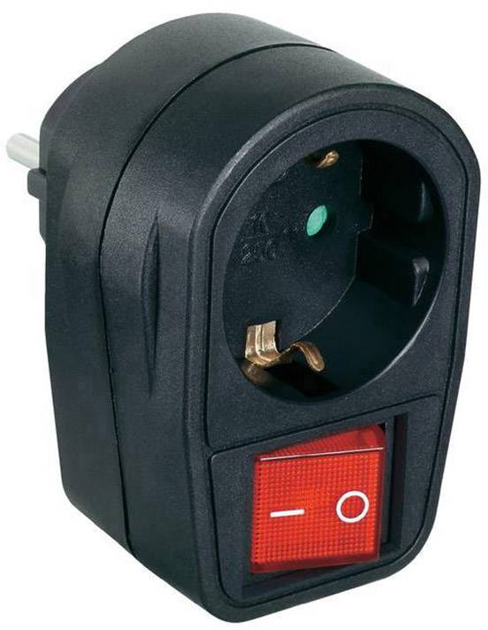 Adaptateur de prise noir avec interrupteur marche/arrêt rouge en bas. Adapté aux types de prises européennes.
