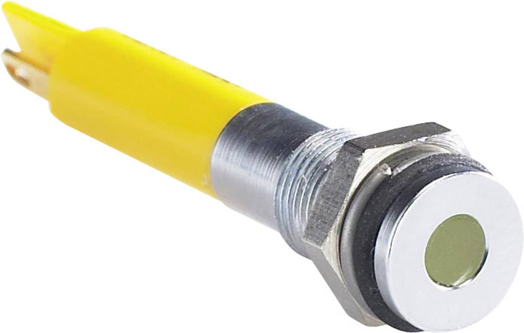 Un indicateur LED jaune avec boîtier métallique et rondelle noire, adapté pour l'installation dans des appareils électroniques.