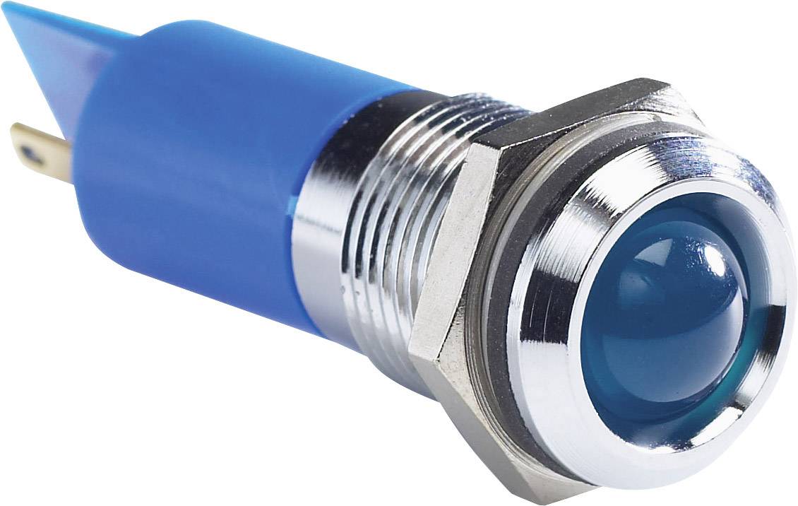 Bouton-poussoir bleu, rond, avec monture métallique et filetage.