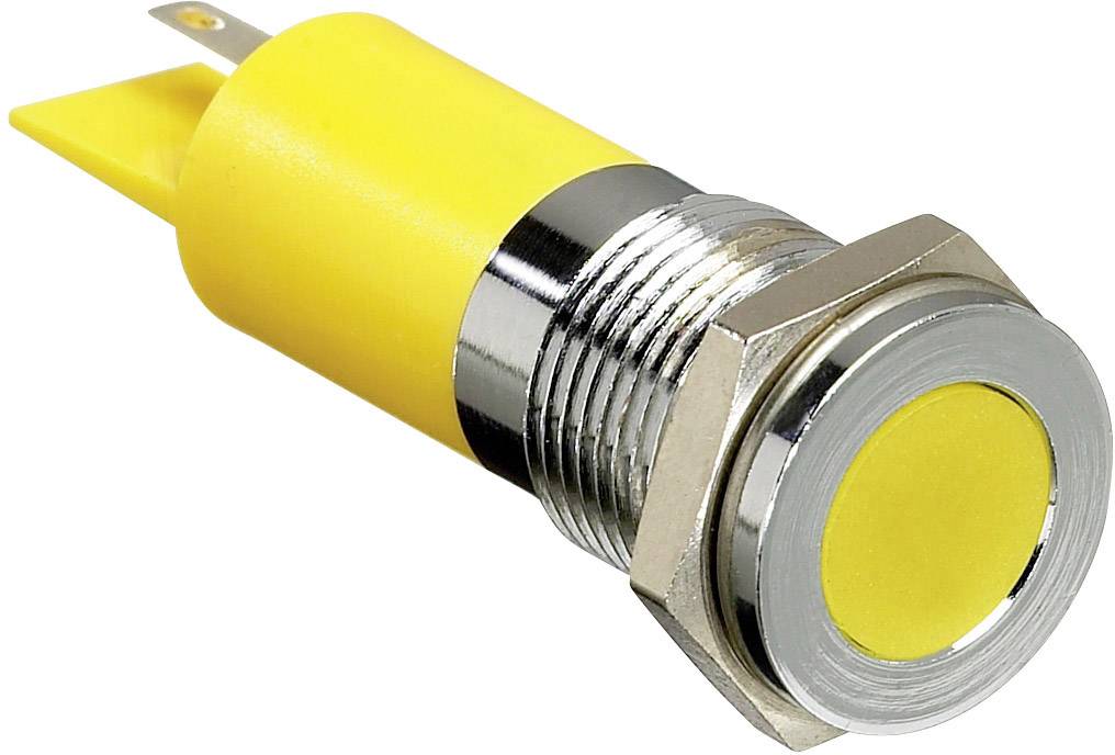Bouton jaune, rond, avec un cadre métallique et un filetage à vis, probablement un interrupteur ou un bouton-poussoir pour des appareils électroniques.