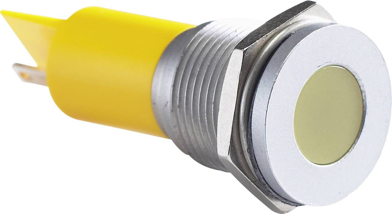 Bouton-poussoir jaune rond avec boîtier argenté et anneau métallique, adapté pour le contrôle d'appareils électroniques et de machines.