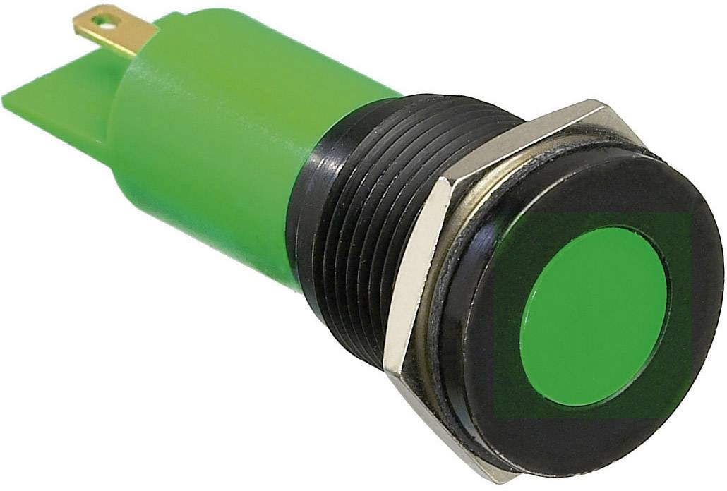 Bouton-poussoir vert avec bordure noire et bornes de connexion.