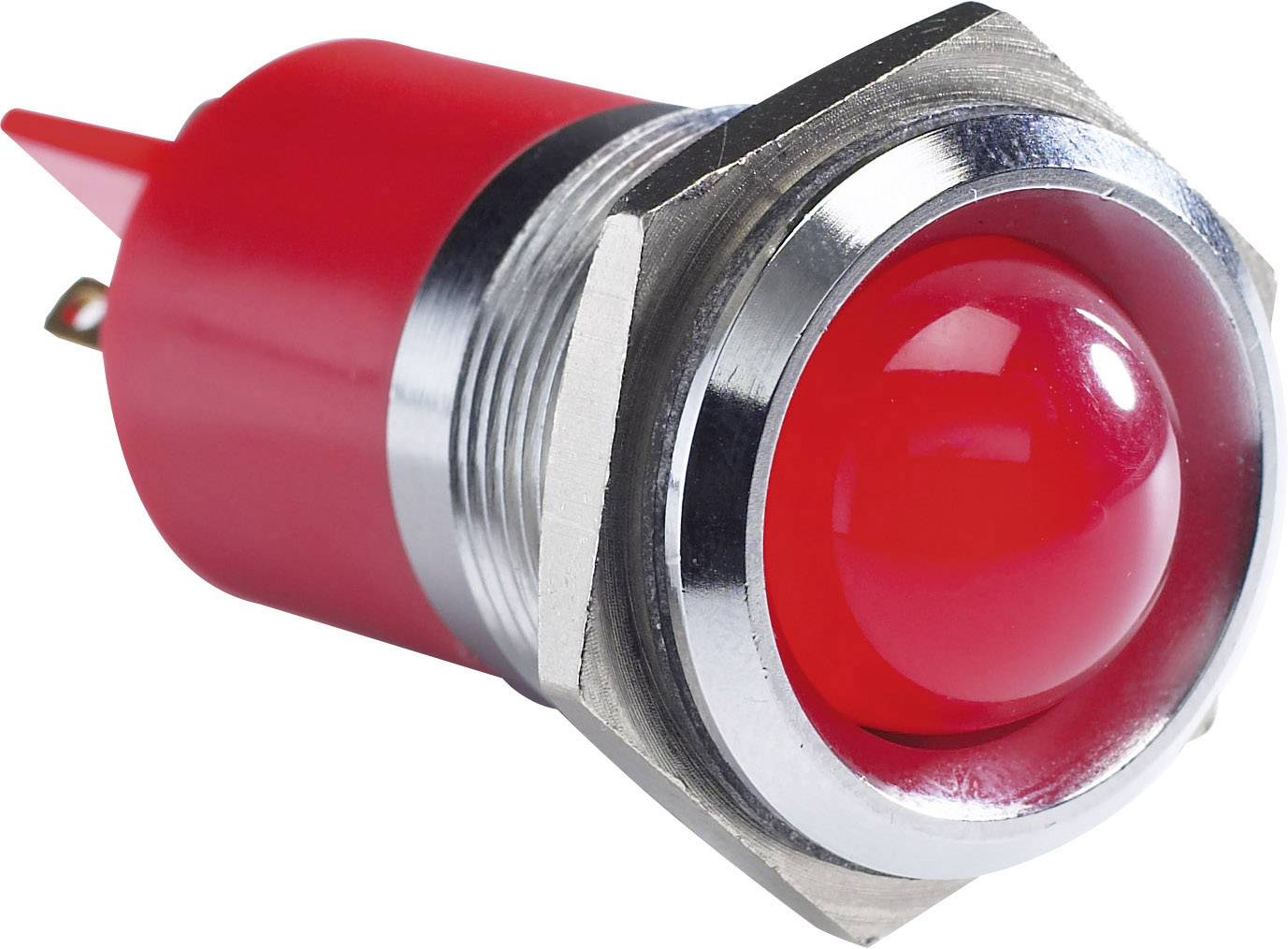 Un grand bouton rouge avec un boîtier métallique. Le bouton est bombé et brillant. Connexion à vis et contacts électriques visibles.