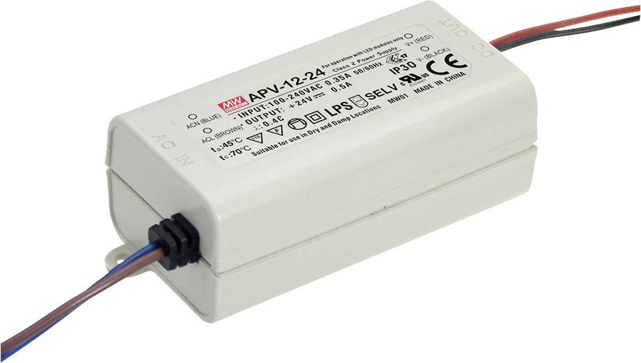 Un bloc d'alimentation LED rectangulaire portant l'inscription 'APV-12-24' et ses spécifications techniques sur l'étiquette.
