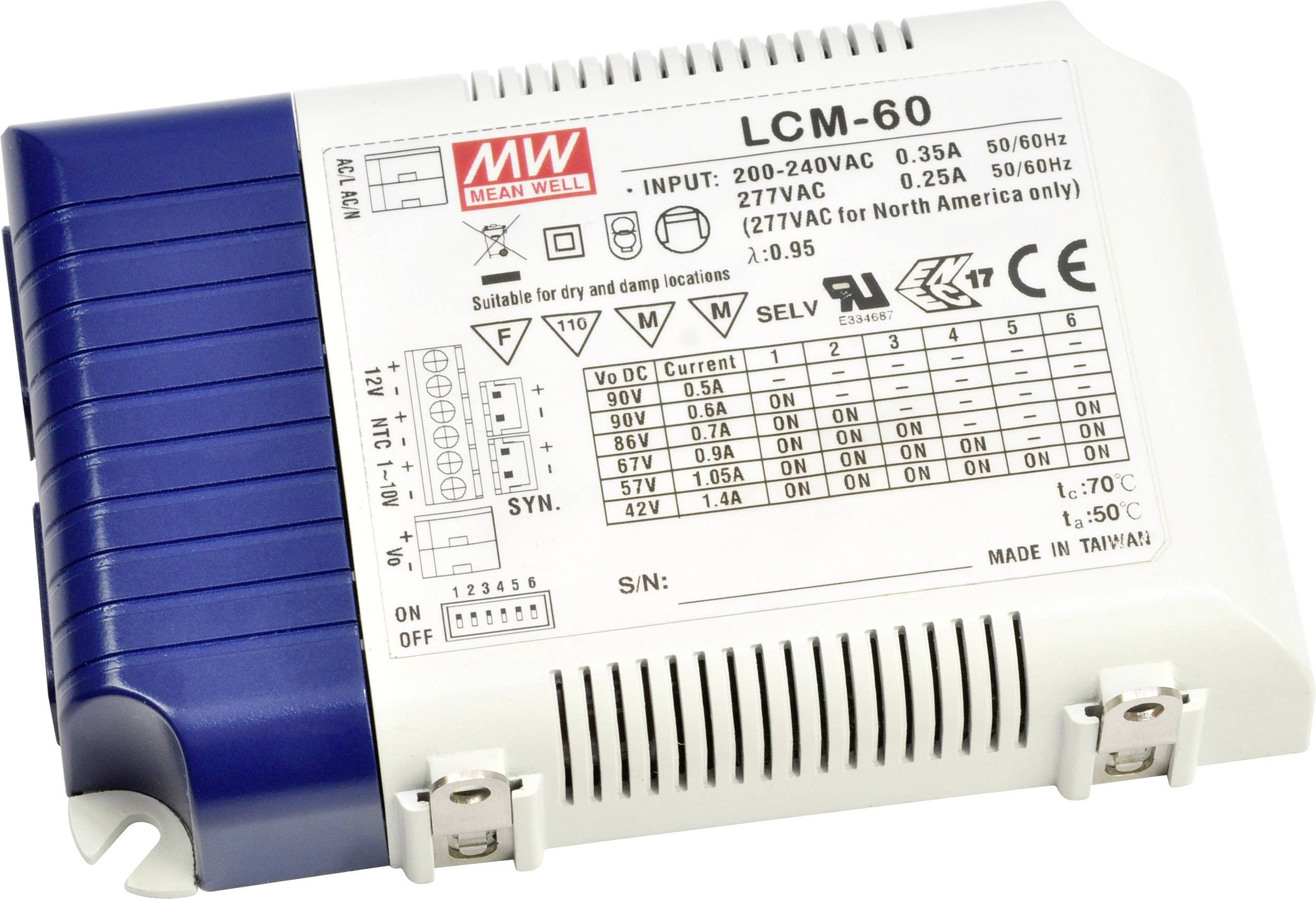 Driver LED MW Mean Well LCM-60 2-90/2-90/2-86/2-67/2-57/2-42 V/DC 500/600/700/900/1050/1400 mA