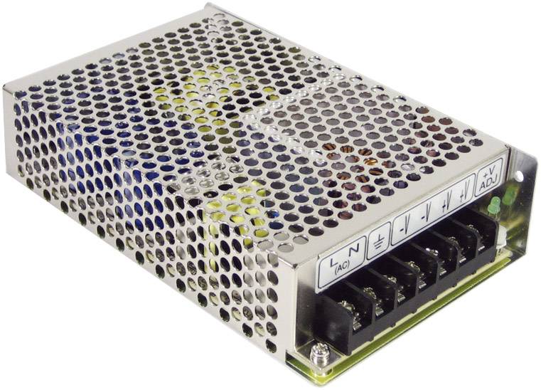 Bloc d'alimentation rectangulaire argenté avec boîtier perforé. Bornes de connexion avec polarités marquées sur la face avant.