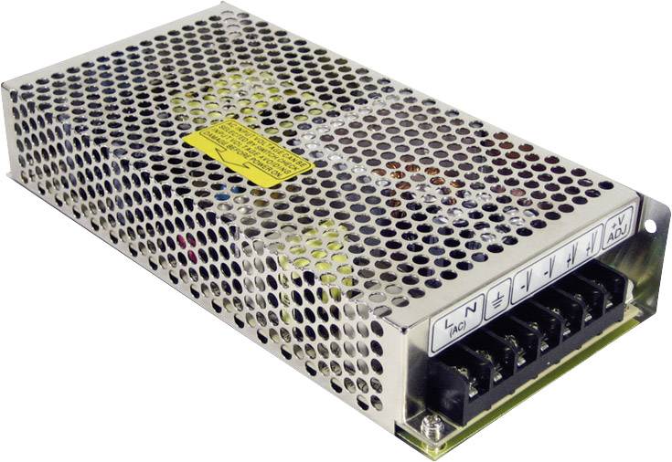 Bloc d'alimentation métallique avec fentes de ventilation et zone de connexion noire. Étiquette d'avertissement jaune sur le dessus.