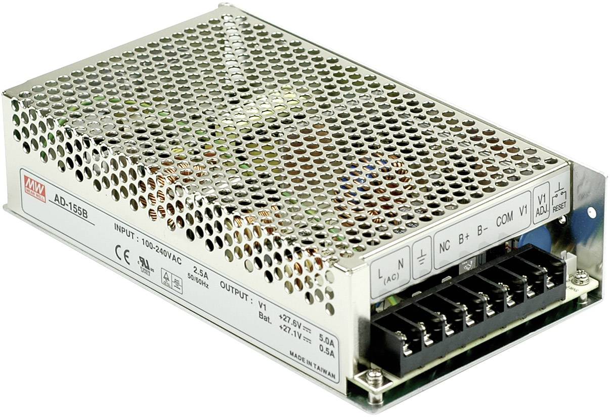 Boîtier métallique d'alimentation avec couvercle grillagé et plusieurs bornes de connexion sur la façade. Inscription : 'ENTRÉE : 100-240VAC SORTIE : +12V, 5,0A'.