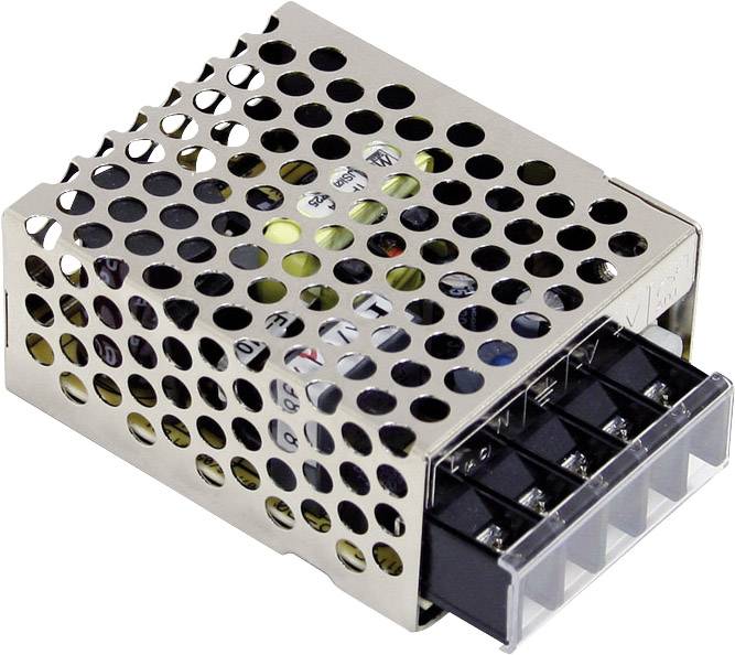 Bloc d'alimentation compact avec boîtier métallique perforé et bornes de connexion noires, adapté aux appareils électroniques et applications.