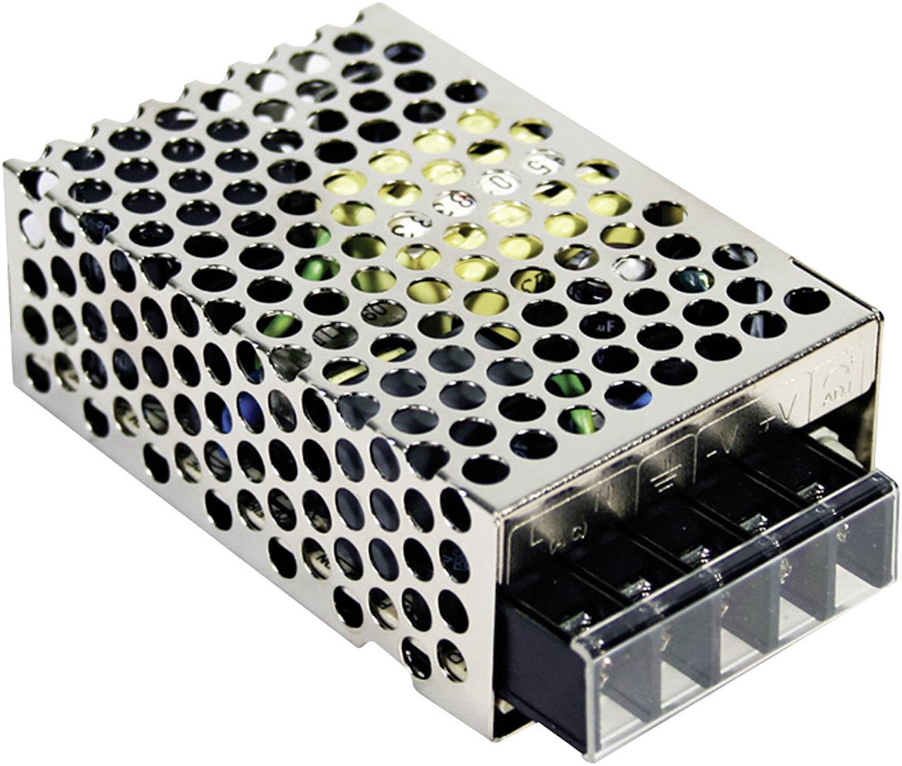 Bloc d'alimentation métallique à découpage avec boîtier ventilé, montrant les bornes de connexion sur un côté. Principalement destiné aux applications industrielles.