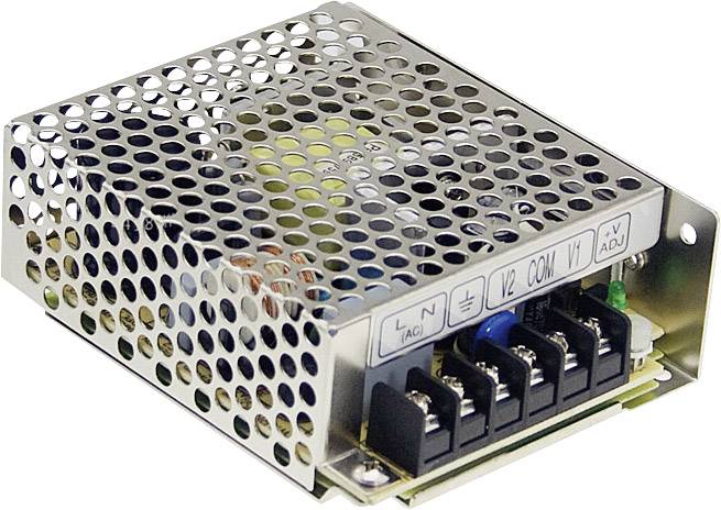 Un bloc d'alimentation rectangulaire en métal avec un couvercle en motif de nid d'abeille et des rangées de bornes de connexion sur la face avant.