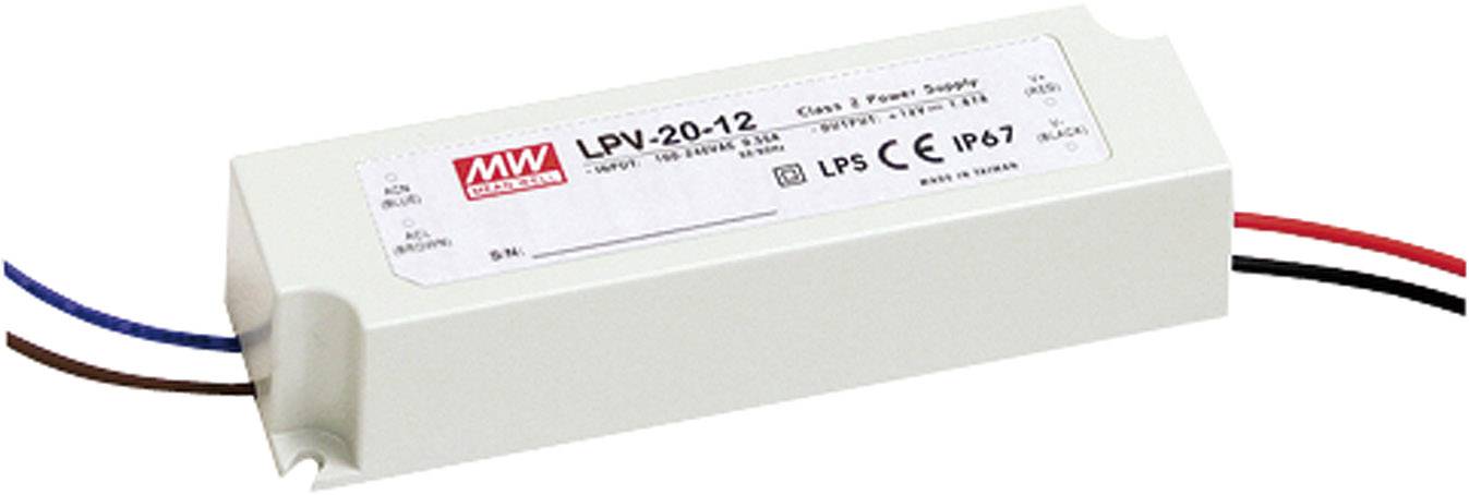 Un bloc d'alimentation rectangulaire blanc de la marque Mean Well portant l'inscription 'LPV-20-12', avec des câbles de connexion aux extrémités. Adapté pour l'éclairage LED.