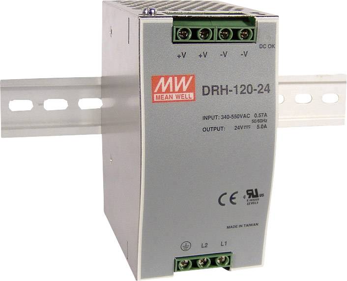 Bloc d'alimentation sur rail DIN 'Mean Well DRH-120-24', entrée 340–550VAC, sortie 24VDC, 5A, monté sur support métallique, certifications imprimées au-dessous.