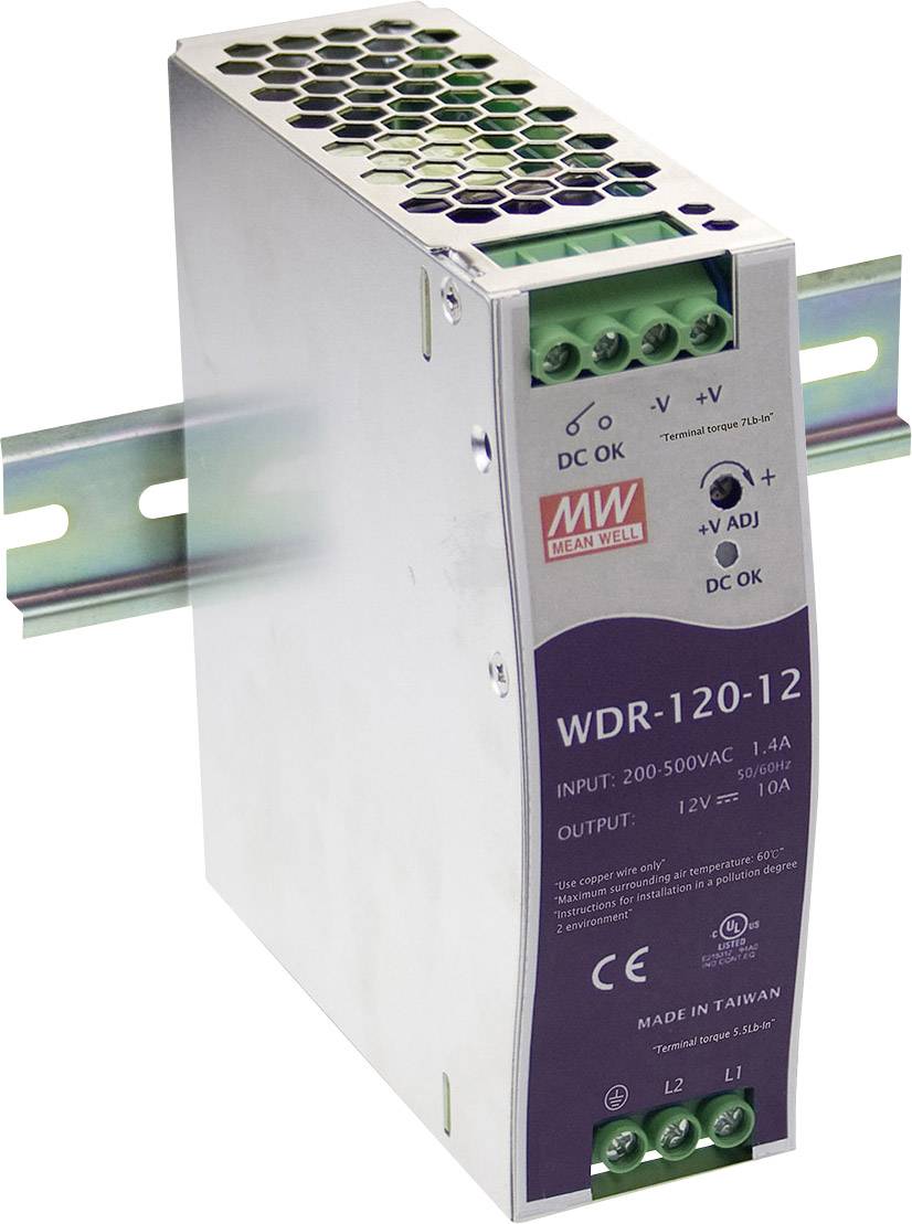 Unité d'alimentation électrique montée sur rail DIN, marque 'MW', modèle 'WDR-120-12'. Entrée : 200-500VAC, Sortie : 12V/10A. Lieu de fabrication : Taïwan.
