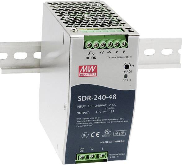 Un bloc d'alimentation sur rail DIN SDR-240-48 de Mean Well avec sortie 48V, adapté aux applications industrielles, boîtier en métal.