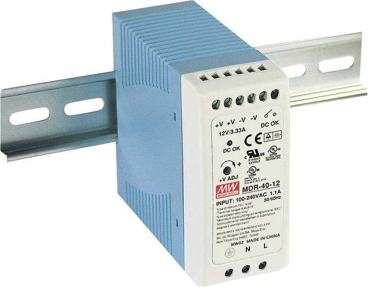 Un bloc d'alimentation à découpage bleu et blanc, modèle MDR-40-12, monté sur rail DIN. Entrée de tension : 100-240V AC, Sortie : 12V DC, 3,33A.