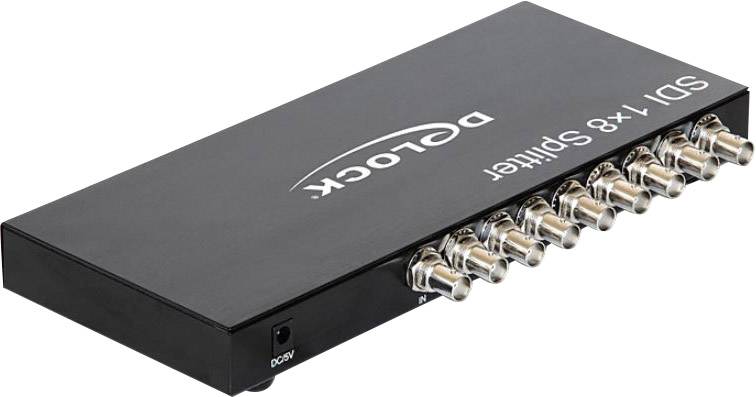 Un répartiteur SDI 1x8 noir de Delock avec huit sorties SDI et une entrée DC, utilisé pour la distribution de signal.