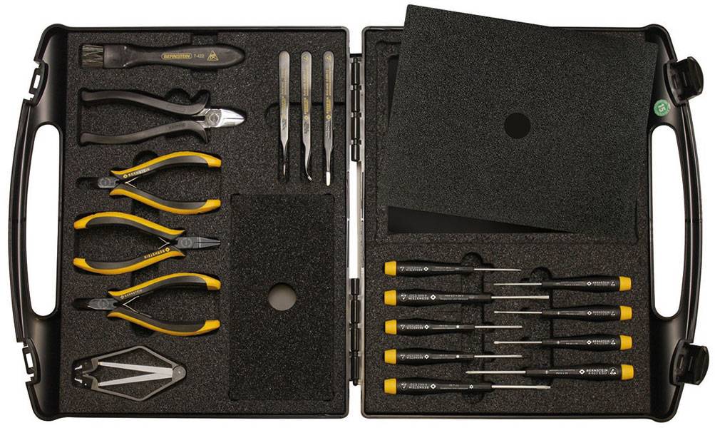 Mallette à outils contenant divers outils manuels : pinces, pinces à épiler et tournevis, soigneusement rangés dans une mousse de protection.