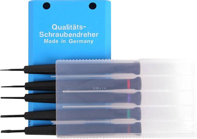 Six tournevis de précision dans un support bleu portant l'inscription 'Tournevis de qualité Fabriqué en Allemagne'.