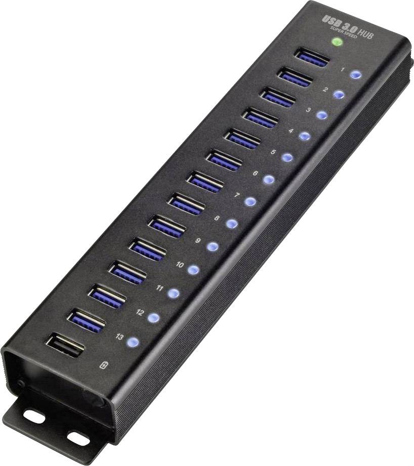 Un hub USB 3.0 avec 16 ports, numérotés de 1 à 16, et un port USB-C supplémentaire, adapté pour une connectivité étendue.