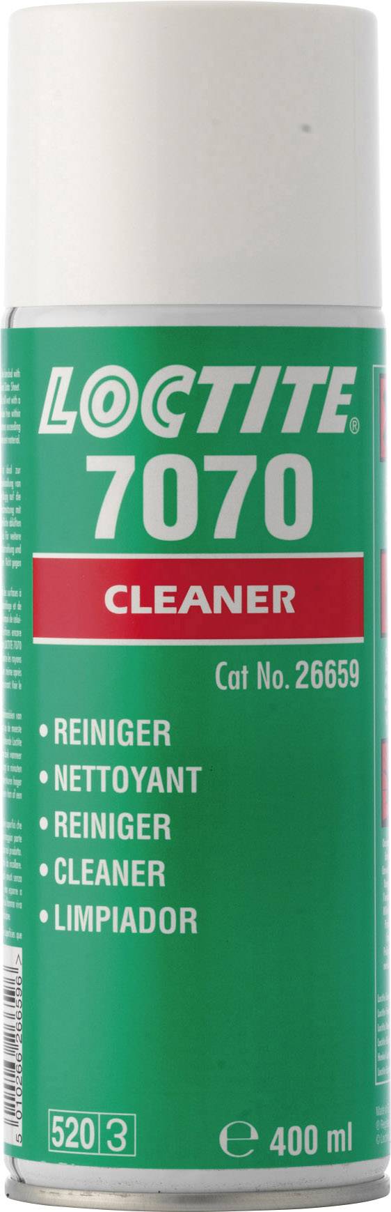 Bombe aérosol 'Loctite 7070 Cleaner', vert-blanc, 400 ml ; étiquette multilingue en tant que nettoyant.
