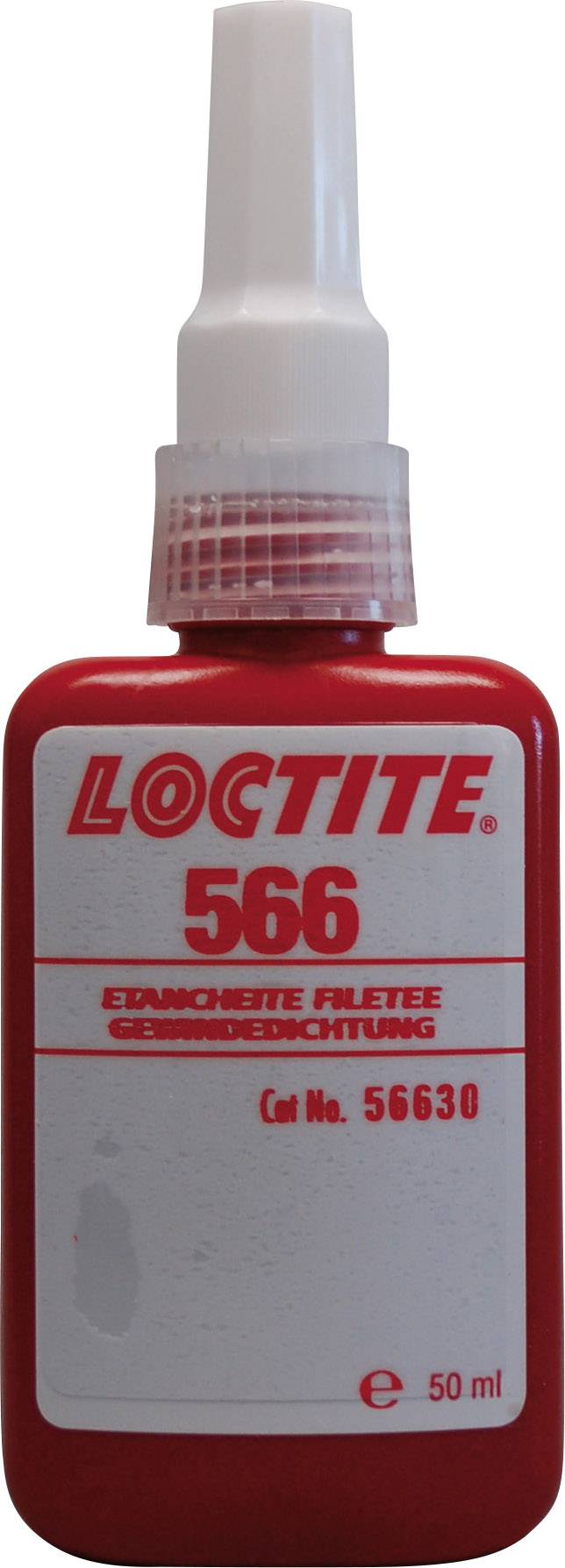 Bouteille rouge avec bouchon blanc, étiquetée 'LOCTITE 566'. Contient 50 ml de mastic pour raccords filetés.