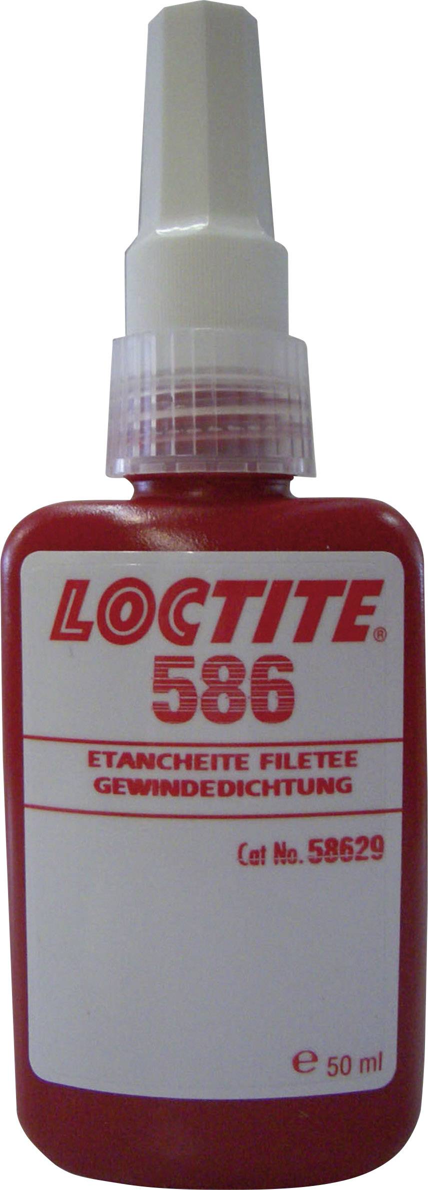 Bouteille rouge portant l'inscription 'LOCTITE 586', utilisée pour l'étanchéité des filets. Contient 50 ml.