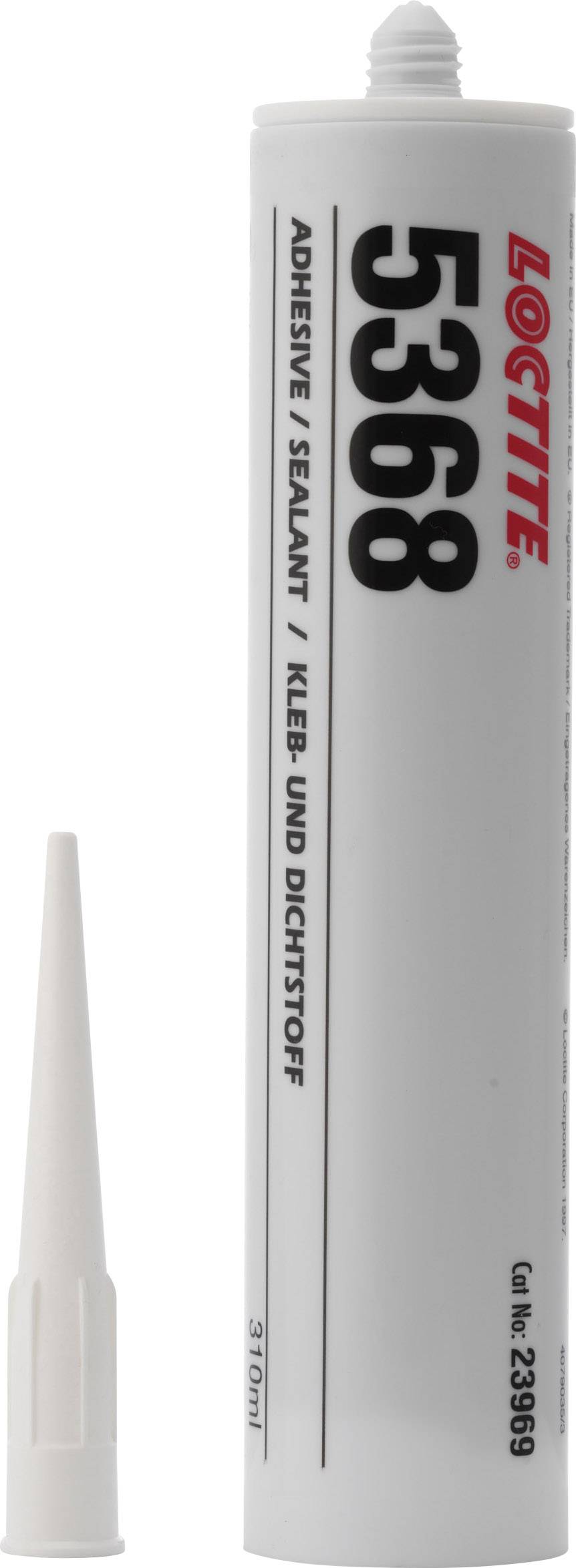 Un tube blanc de mastic-colle Loctite 5368, 310 ml, avec embout amovible. Adapté pour divers travaux de scellement et de collage.