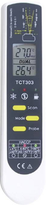 Thermomètre numérique TCT303 affiche 27,0°C et 26,4°C. Touches pour 'scan', 'Mode', 'Sonde' ainsi que des symboles pour la mesure de la température.