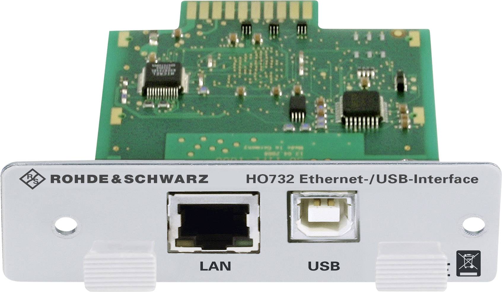 Interface Ethernet/USB de Rohde & Schwarz, modèle HO732. Montre les connexions LAN et USB sur une carte électronique verte.