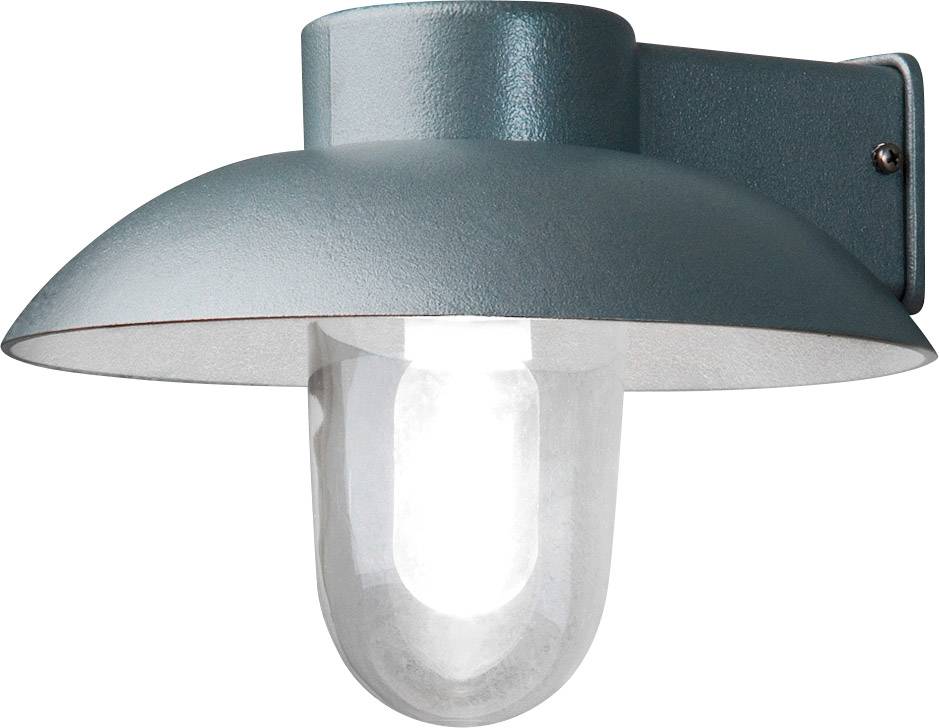 Un luminaire mural extérieur en métal au design en forme d'abat-jour, avec un verre transparent entourant une ampoule.
