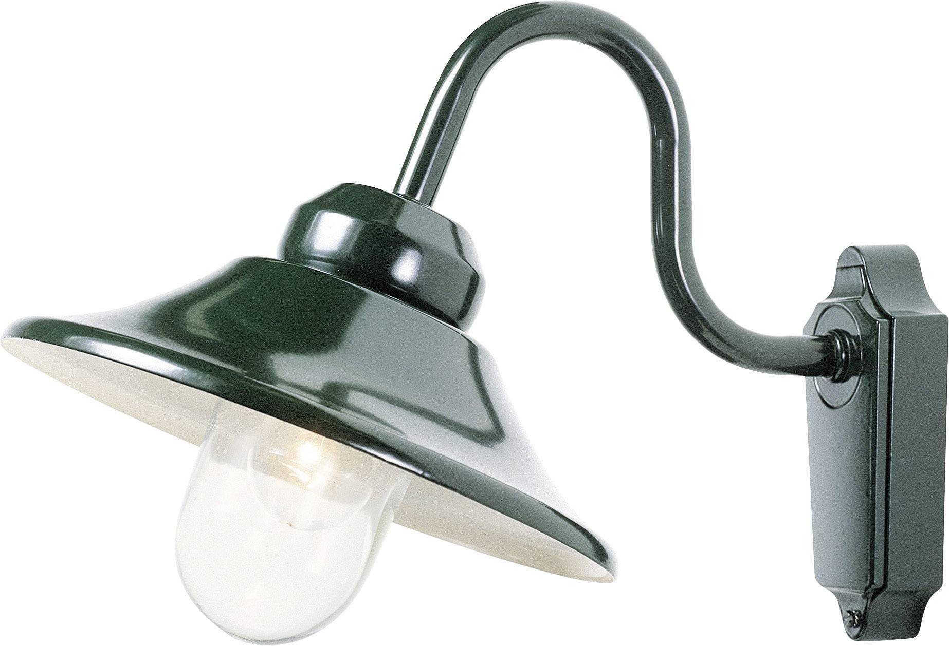 Lampe murale verte avec abat-jour bombé et ampoule fixée sur un bras courbé. Idéale pour l'éclairage extérieur.