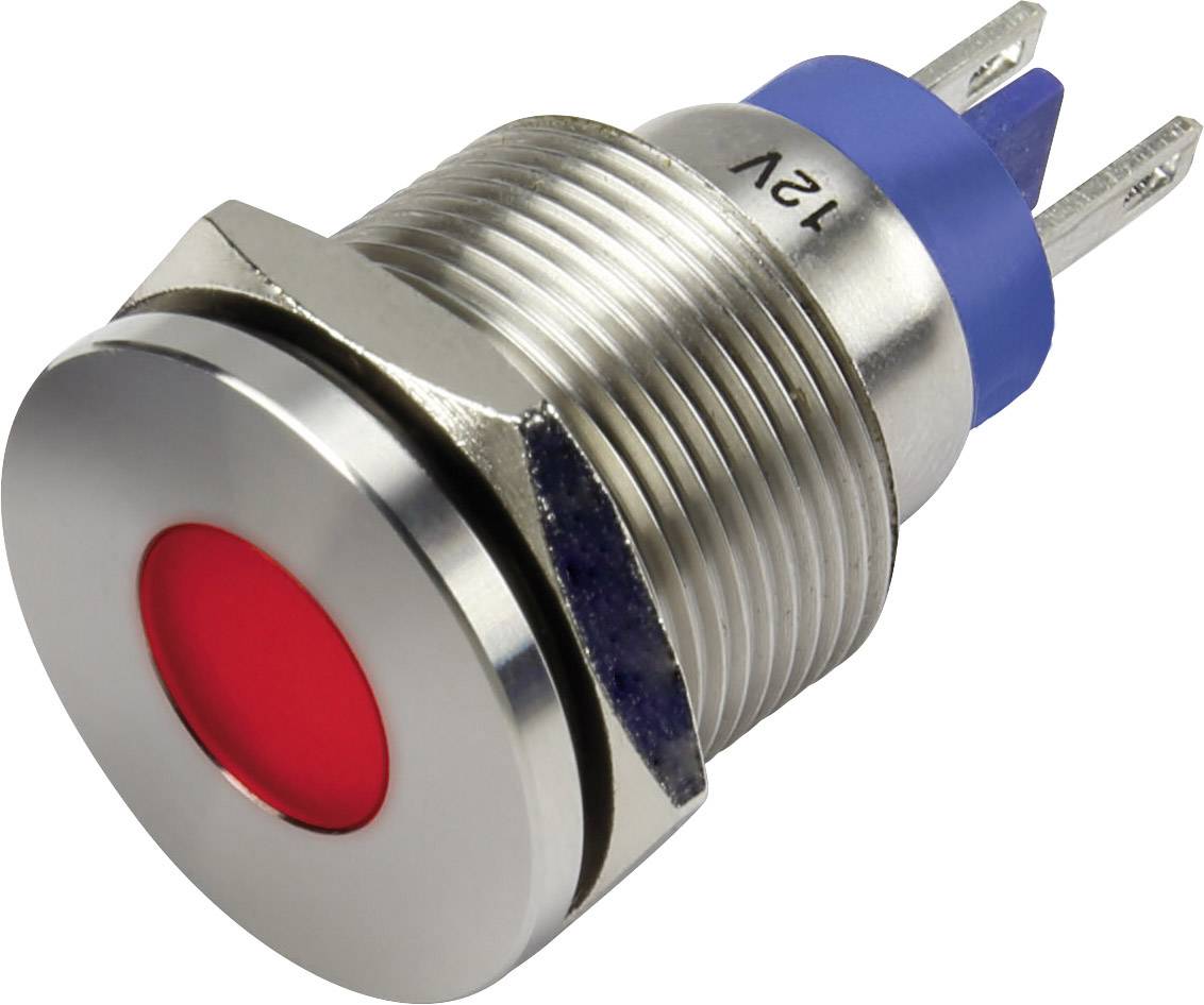Un bouton-poussoir rond rouge en métal avec un anneau en plastique bleu et un filetage argenté, adapté aux applications 12V.