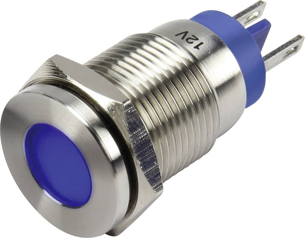 Un bouton-poussoir rond bleu avec boîtier métallique, inscription 12V, contacts de raccordement latéraux.