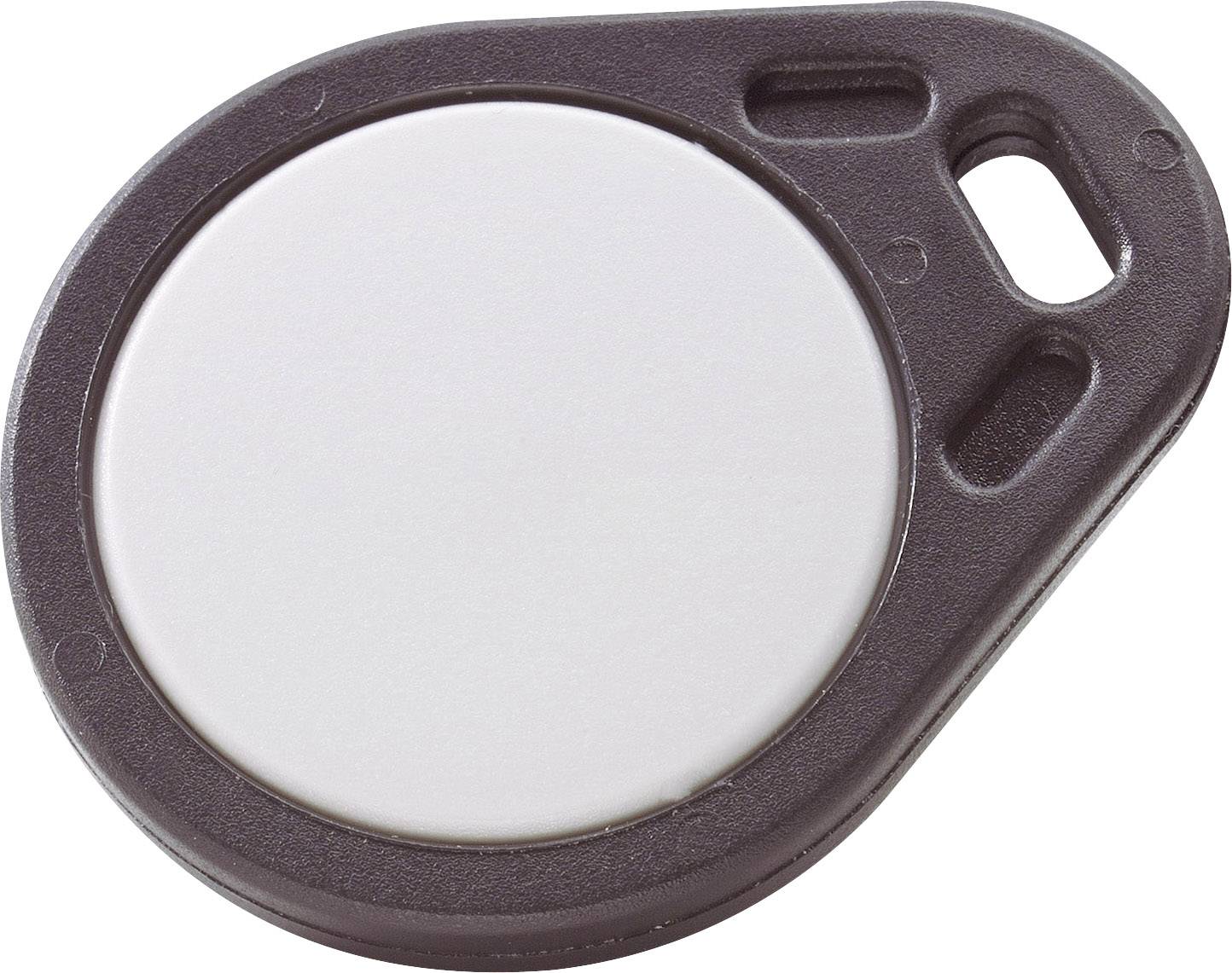 Une puce RFID ronde et plate avec un boîtier en plastique et un trou, adaptée pour être fixée sur des porte-clés.