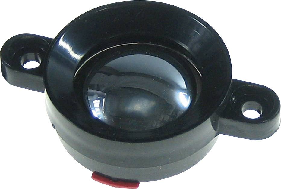 Un boîtier de capteur d'objectif en plastique noir avec une lentille transparente, deux trous de fixation et un interrupteur rouge sur le côté.