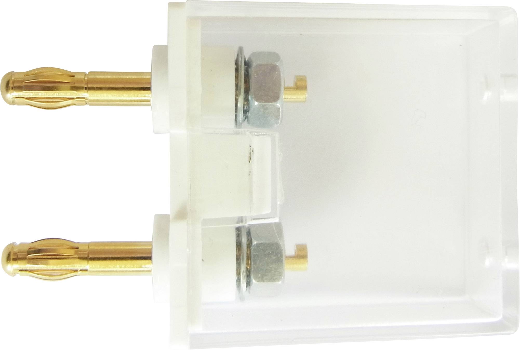 Adaptateur blanc avec deux fiches bananes dorées, vue latérale.