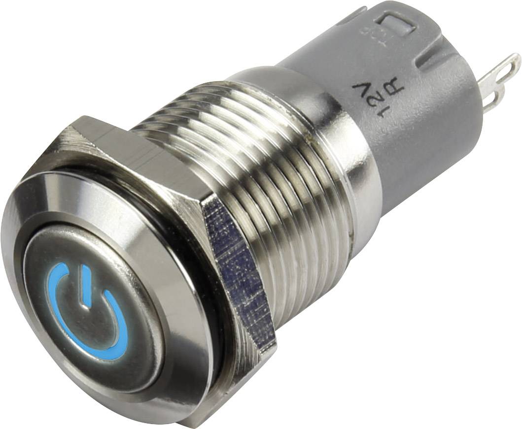 Bouton-poussoir métallique argenté avec anneau lumineux LED bleu. Tension nominale : 12V. Adapté aux panneaux et interfaces de commande.