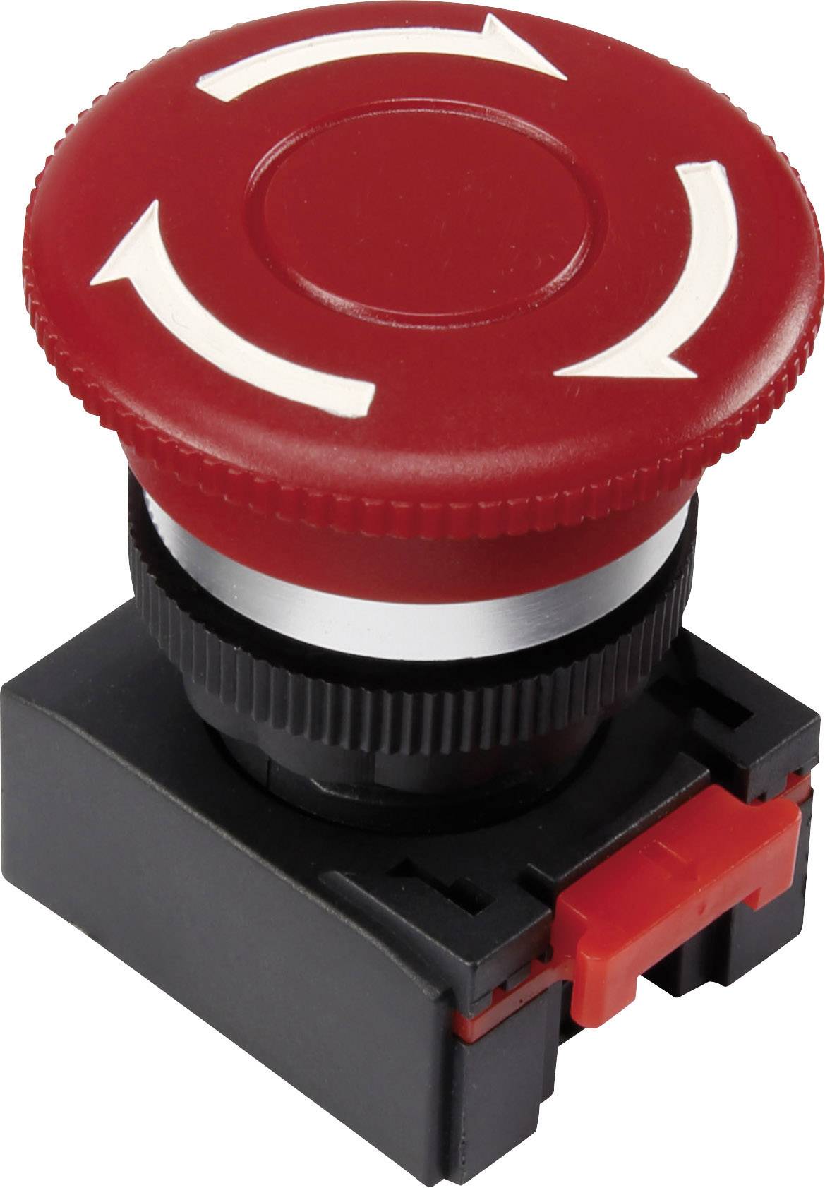 Un bouton d'arrêt d'urgence rouge avec des flèches blanches, monté sur un socle noir.