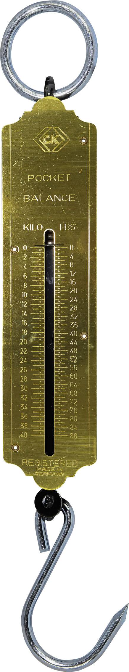 Balance manuelle en métal avec crochet. Échelle de mesure en kilogrammes et livres sur la face avant.