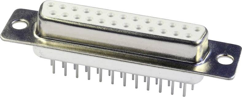 Un connecteur D-Sub à 25 broches avec châssis métallique et trous de fixation, utilisé pour les connexions de données série.