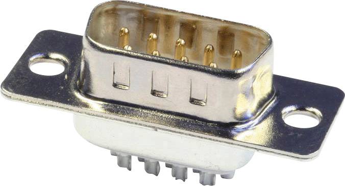 Un connecteur D-Sub métallique à neuf broches, typiquement utilisé pour les connexions électroniques ou les interfaces séries.